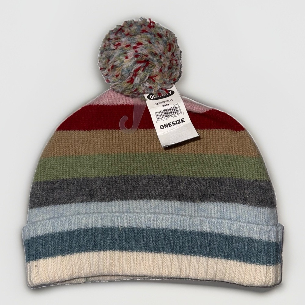 NWT Vintage 2003 Old Navy Lambswool Beanie Striped Pom Pom Y2K Fleece Lined NOS